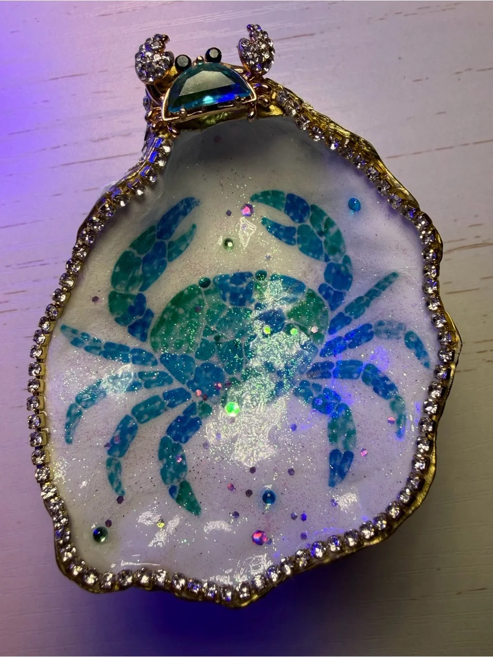 Handcrafted decoupage stain glass Blue Crab oyster shell trinket dish